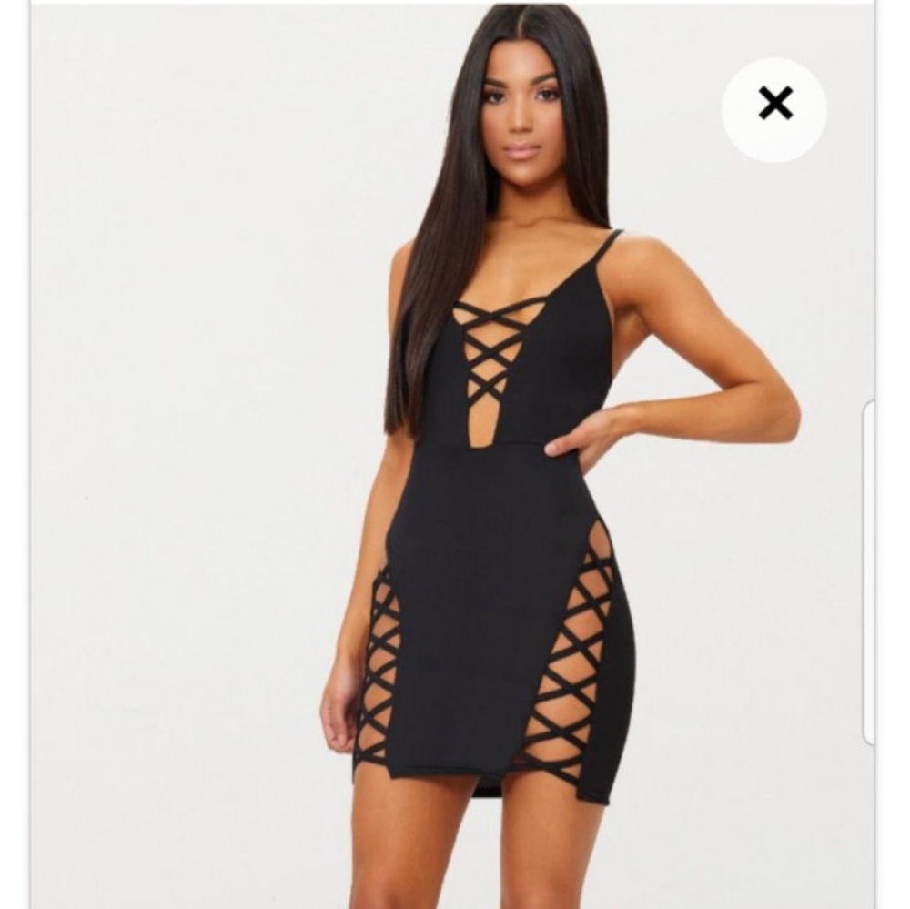 Prettylittlething black lace up mini dress
